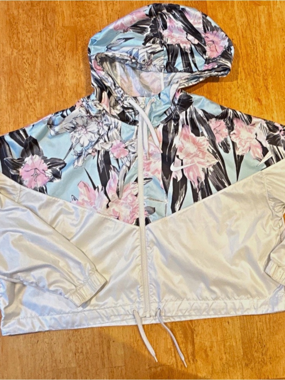 Nike Floral Hooded Windbreaker Jacket - Light Blue, Pink & White